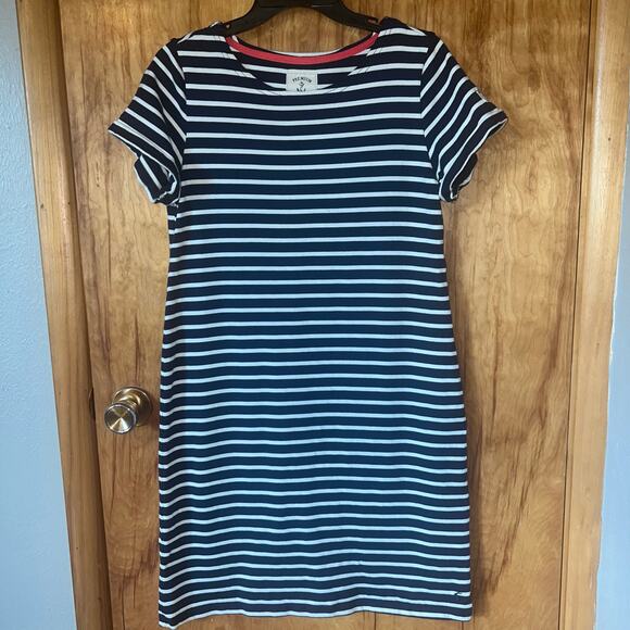 Nautical Navy White Striped Short Sleeve Crew Neck Joules Midi Dress Size 10 - Picture 1 of 10
